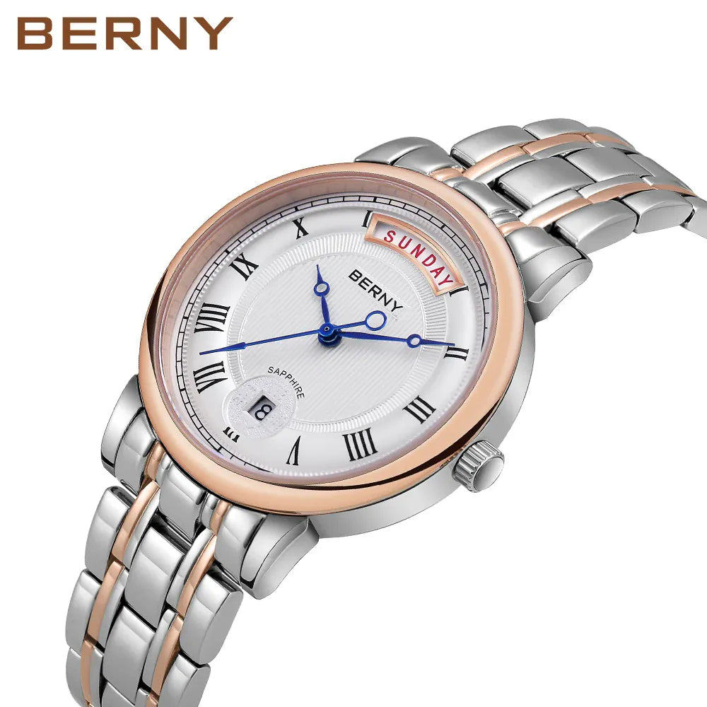 KissICON BERNY Women Watch Ladies Quartz Roman Numerals Day Top Calendar Watches Sapphire Glass Solid Steel Strap Women Wristwatch
