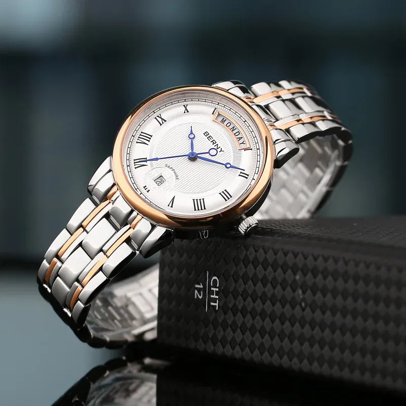 KissICON BERNY Women Watch Ladies Quartz Roman Numerals Day Top Calendar Watches Sapphire Glass Solid Steel Strap Women Wristwatch