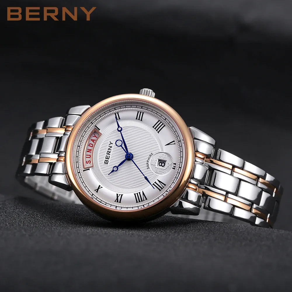 KissICON BERNY Women Watch Ladies Quartz Roman Numerals Day Top Calendar Watches Sapphire Glass Solid Steel Strap Women Wristwatch