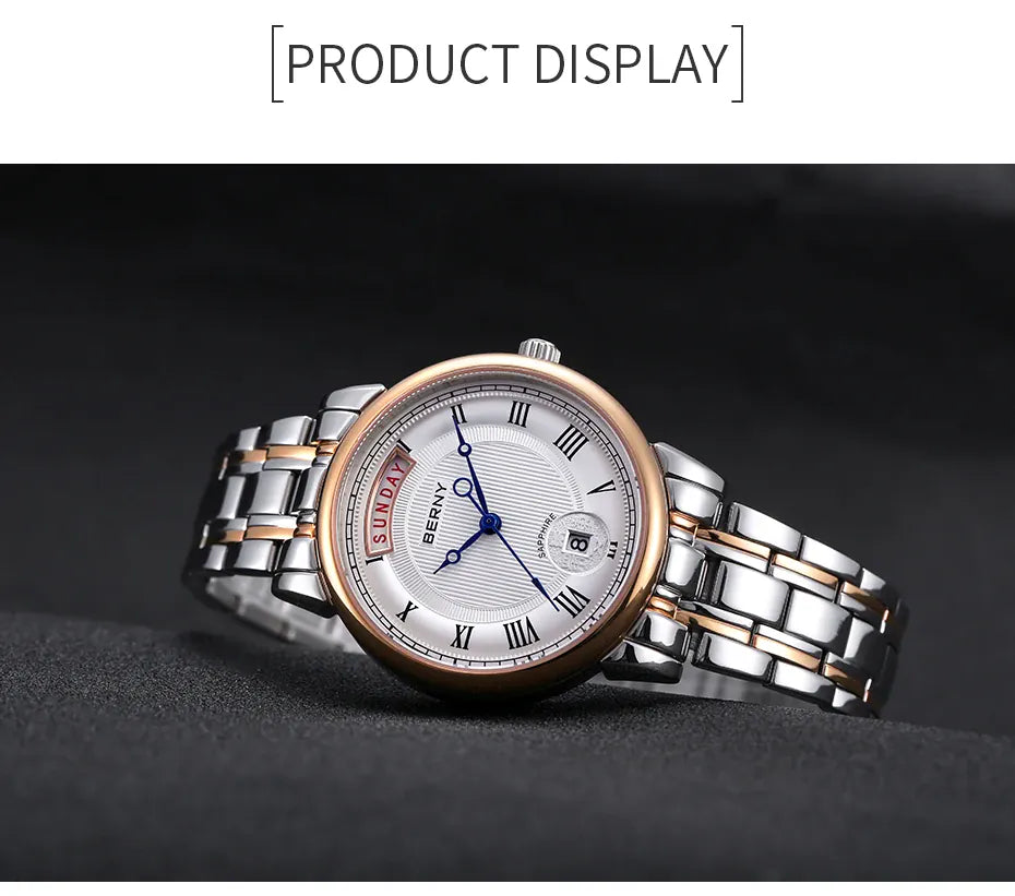 KissICON BERNY Women Watch Ladies Quartz Roman Numerals Day Top Calendar Watches Sapphire Glass Solid Steel Strap Women Wristwatch