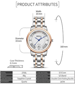 KissICON BERNY Women Watch Ladies Quartz Roman Numerals Day Top Calendar Watches Sapphire Glass Solid Steel Strap Women Wristwatch