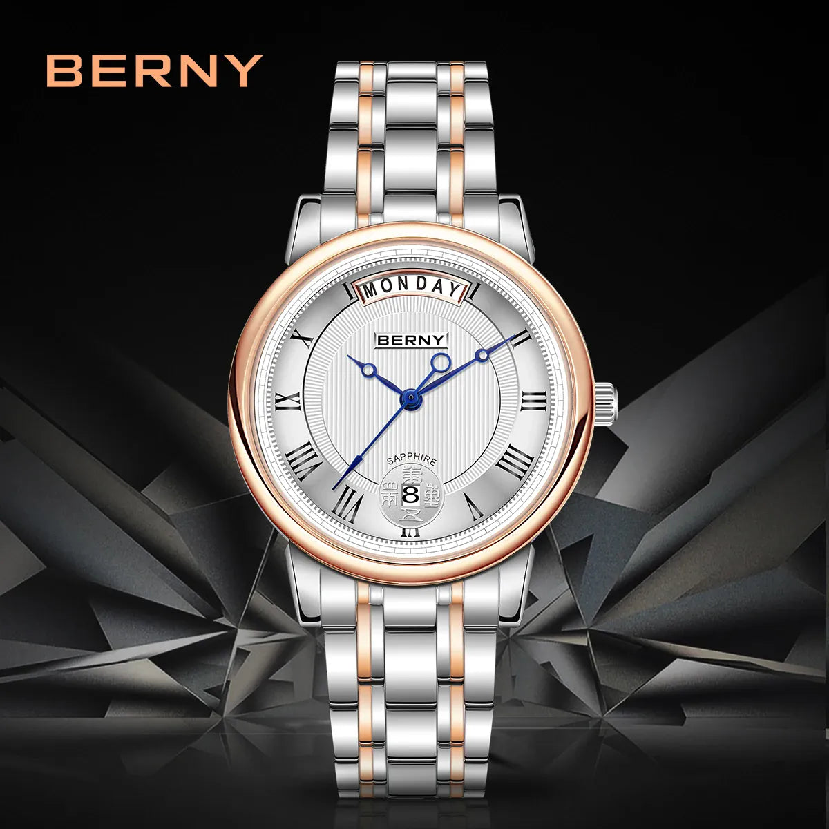 KissICON BERNY Women Watch Ladies Quartz Roman Numerals Day Top Calendar Watches Sapphire Glass Solid Steel Strap Women Wristwatch