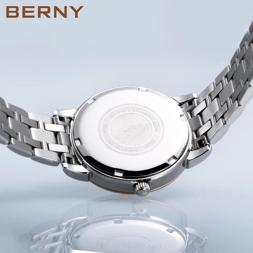 KissICON BERNY Women Watch Ladies Quartz Roman Numerals Day Top Calendar Watches Sapphire Glass Solid Steel Strap Women Wristwatch