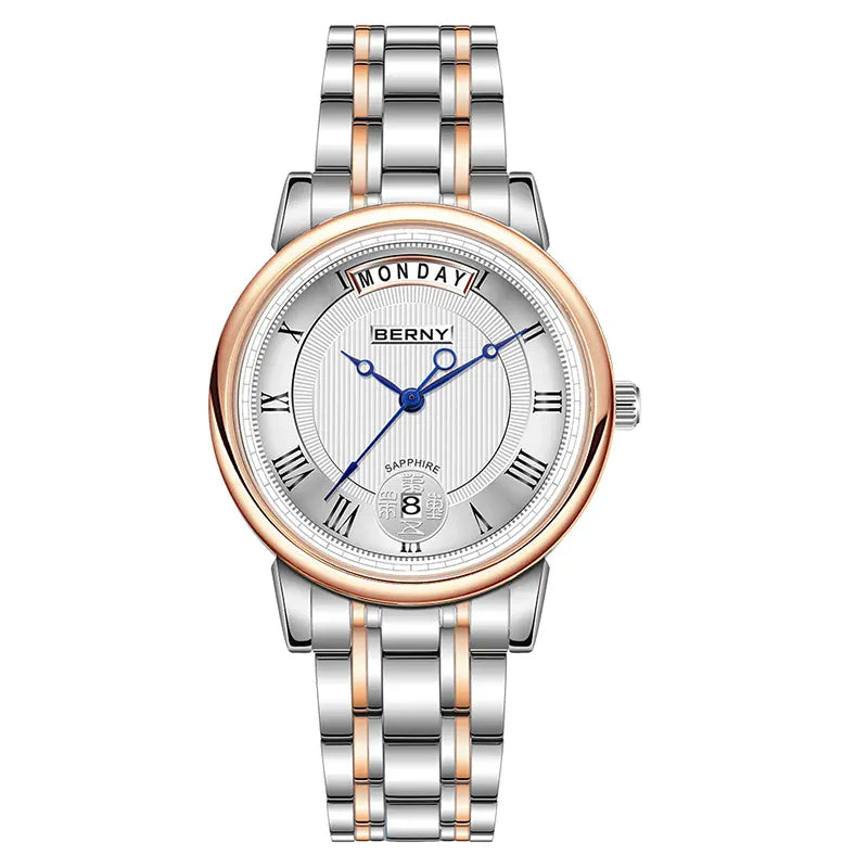 KissICON BERNY Women Watch Ladies Quartz Roman Numerals Day Top Calendar Watches Sapphire Glass Solid Steel Strap Women Wristwatch