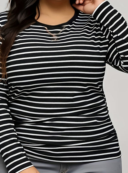 jkthpu-45 BESTIE Elegant Black  White Plus Size Striped Long Sleeve Top