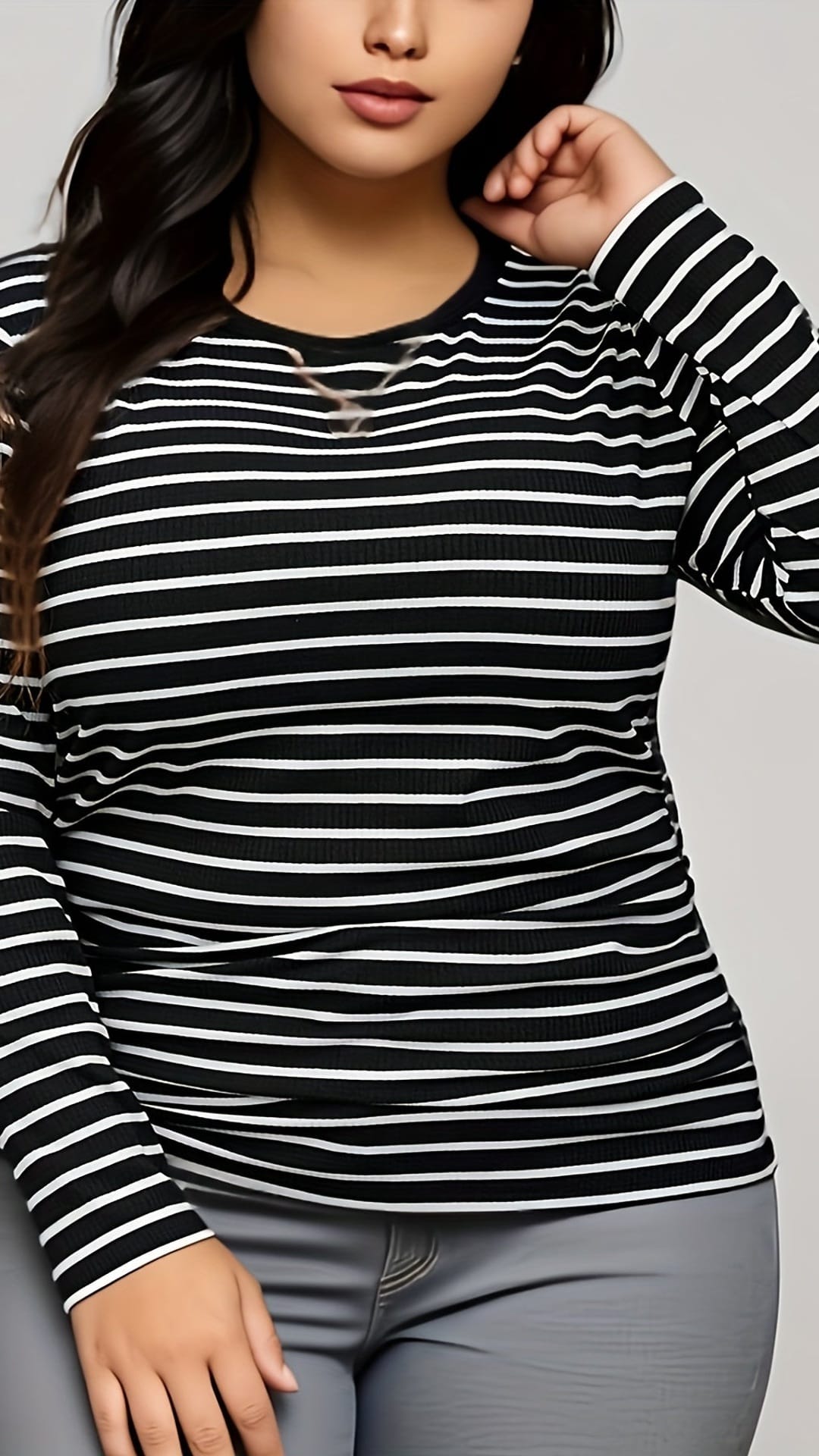 jkthpu-45 BESTIE Elegant Black  White Plus Size Striped Long Sleeve Top