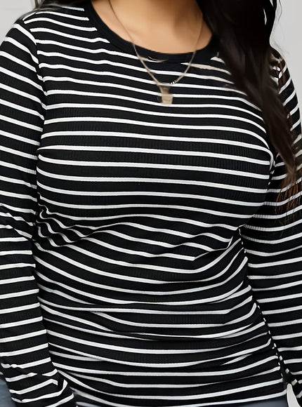 jkthpu-45 BESTIE Elegant Black  White Plus Size Striped Long Sleeve Top