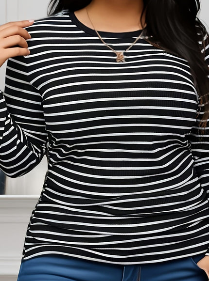 jkthpu-45 BESTIE Elegant Black  White Plus Size Striped Long Sleeve Top