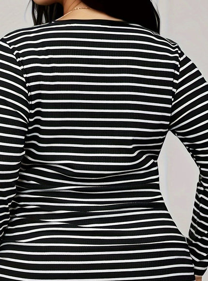 jkthpu-45 BESTIE Elegant Black  White Plus Size Striped Long Sleeve Top