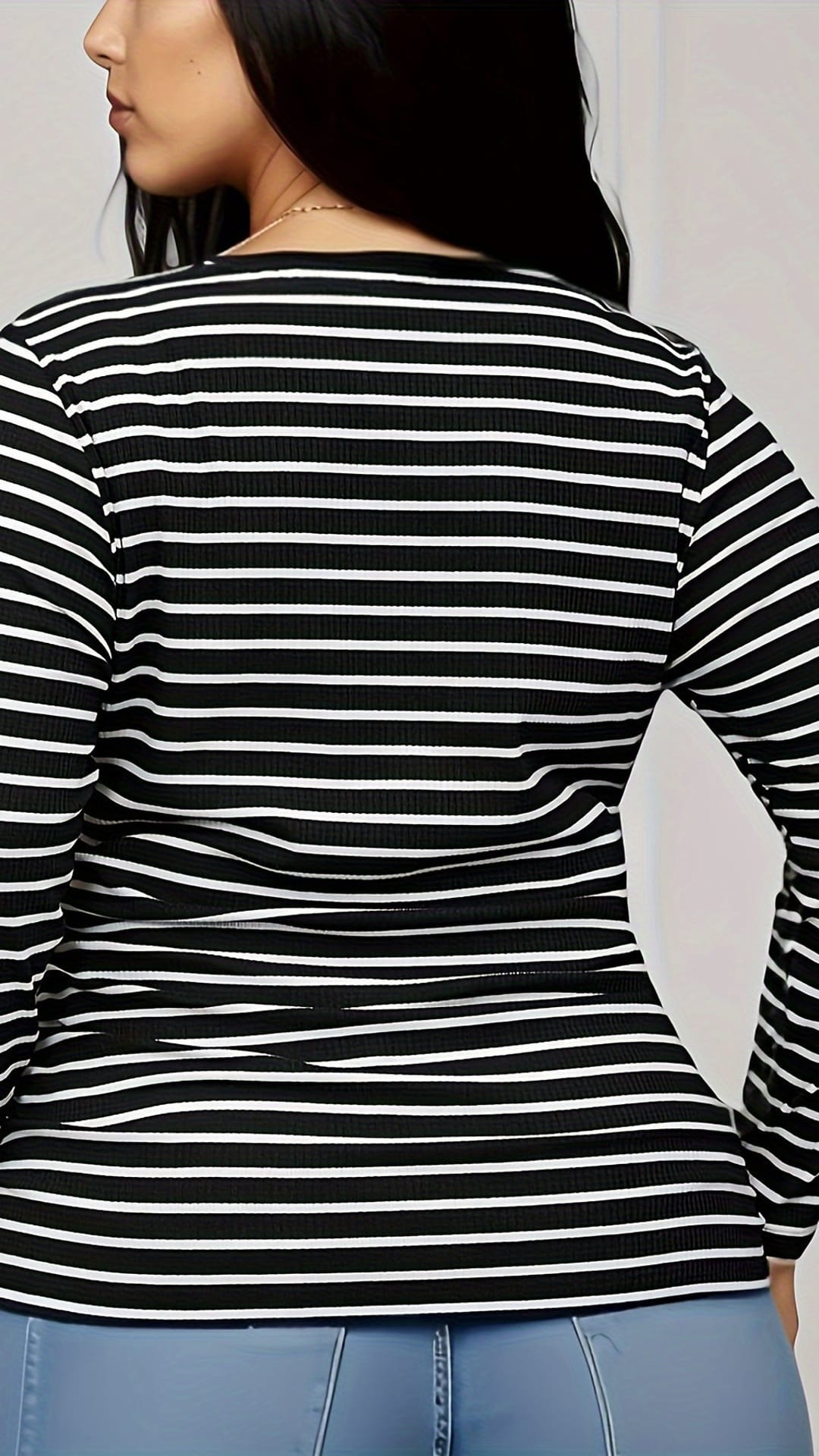 jkthpu-45 BESTIE Elegant Black  White Plus Size Striped Long Sleeve Top