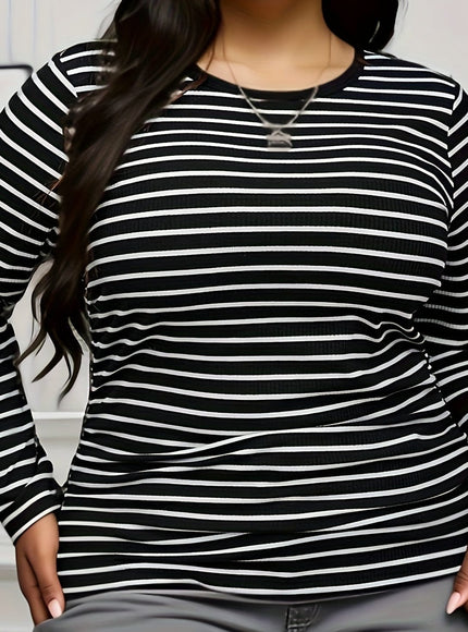jkthpu-45 BESTIE Elegant Black  White Plus Size Striped Long Sleeve Top