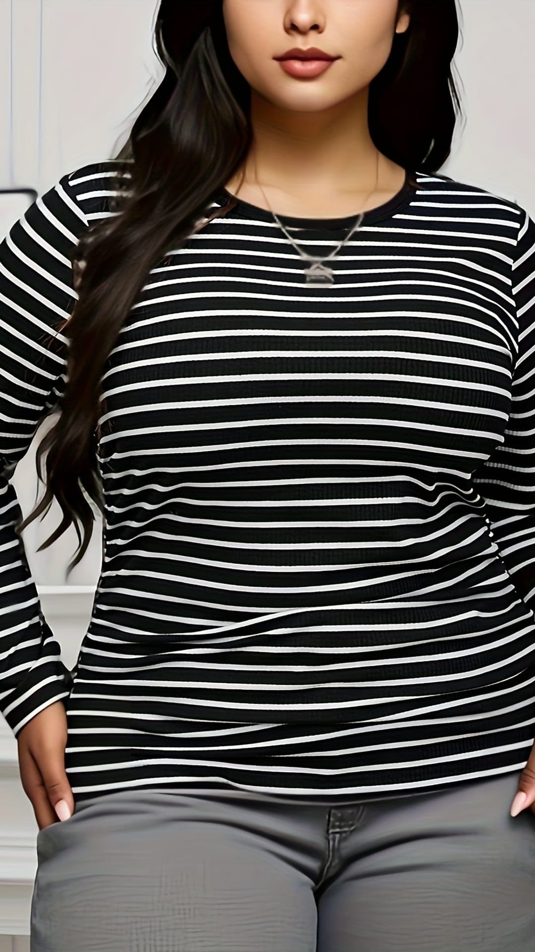 jkthpu-45 BESTIE Elegant Black  White Plus Size Striped Long Sleeve Top