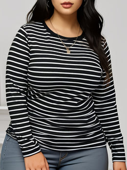 jkthpu-45 BESTIE Plus Size Chic Striped Long Sleeve Comfy TShirt