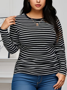 jkthpu-45 BESTIE Plus Size Chic Striped Long Sleeve Comfy TShirt
