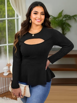 jkthpu-45 BESTIE Women's Elegant Long Sleeve T-Shirt - Curve-Flattering Fit, Ribbed with Lace-Like Cut-Out Detail, Round Neck, Solid Black, All-Season Versatile Top for Casual & Formal Wear, Cute Long Sleeve Tops, Medium Stretch Fabric