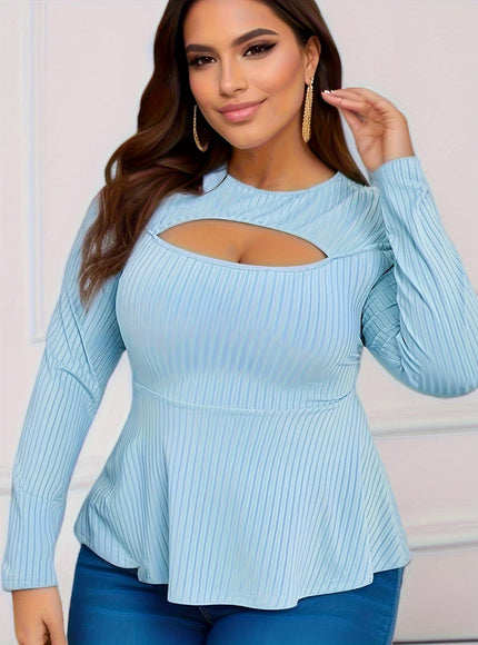 jkthpu-45 BESTIE Women's Elegant Long Sleeve T-Shirt - Curve-Flattering Fit, Ribbed with Lace-Like Cut-Out Detail, Round Neck, Solid Black, All-Season Versatile Top for Casual & Formal Wear, Cute Long Sleeve Tops, Medium Stretch Fabric