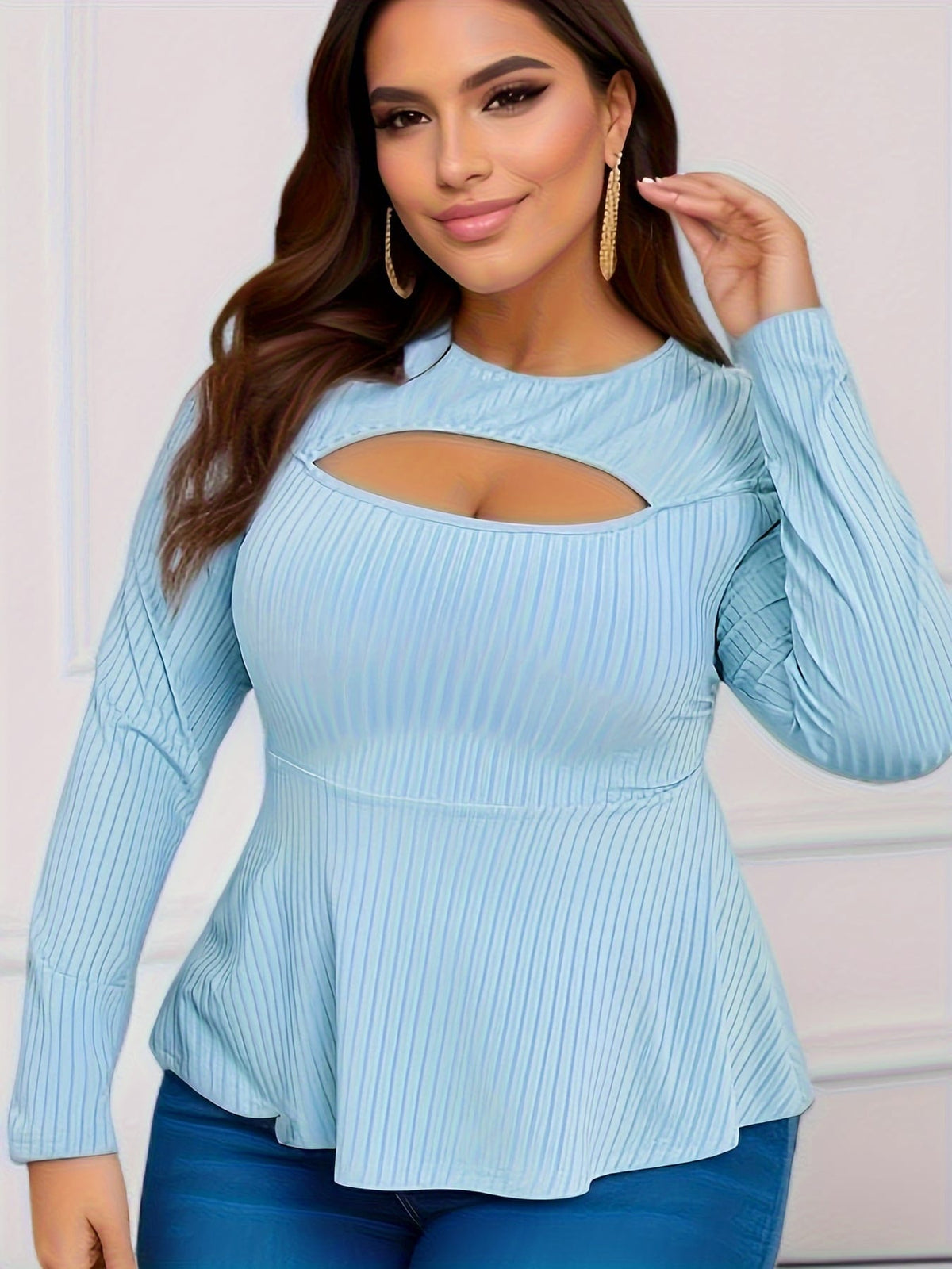 jkthpu-45 BESTIE Women's Elegant Long Sleeve T-Shirt - Curve-Flattering Fit, Ribbed with Lace-Like Cut-Out Detail, Round Neck, Solid Black, All-Season Versatile Top for Casual & Formal Wear, Cute Long Sleeve Tops, Medium Stretch Fabric