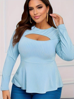 jkthpu-45 BESTIE Women's Elegant Long Sleeve T-Shirt - Curve-Flattering Fit, Ribbed with Lace-Like Cut-Out Detail, Round Neck, Solid Black, All-Season Versatile Top for Casual & Formal Wear, Cute Long Sleeve Tops, Medium Stretch Fabric
