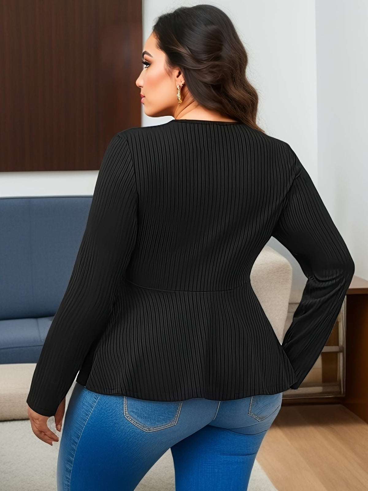 jkthpu-45 BESTIE Women's Elegant Long Sleeve T-Shirt - Curve-Flattering Fit, Ribbed with Lace-Like Cut-Out Detail, Round Neck, Solid Black, All-Season Versatile Top for Casual & Formal Wear, Cute Long Sleeve Tops, Medium Stretch Fabric