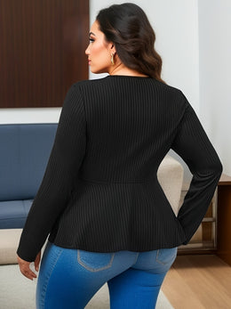 jkthpu-45 BESTIE Women's Elegant Long Sleeve T-Shirt - Curve-Flattering Fit, Ribbed with Lace-Like Cut-Out Detail, Round Neck, Solid Black, All-Season Versatile Top for Casual & Formal Wear, Cute Long Sleeve Tops, Medium Stretch Fabric
