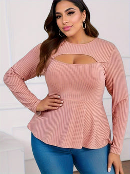 jkthpu-45 BESTIE Women's Elegant Long Sleeve T-Shirt - Curve-Flattering Fit, Ribbed with Lace-Like Cut-Out Detail, Round Neck, Solid Black, All-Season Versatile Top for Casual & Formal Wear, Cute Long Sleeve Tops, Medium Stretch Fabric