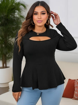 jkthpu-45 BESTIE Women's Elegant Long Sleeve T-Shirt - Curve-Flattering Fit, Ribbed with Lace-Like Cut-Out Detail, Round Neck, Solid Black, All-Season Versatile Top for Casual & Formal Wear, Cute Long Sleeve Tops, Medium Stretch Fabric