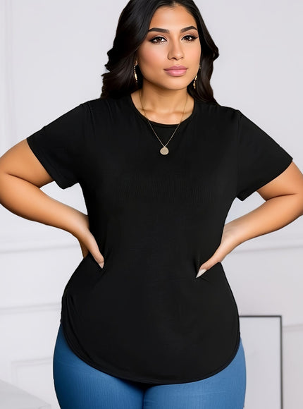 KissICON BESTIE Women's Plus Size Curve-Fit Short Sleeve T-Shirt - Black Round Neck Stretchy Top, Machine Washable All-Season Casual & Dressy Shirt for Casual Attire, Ladies Tshirts, Versatile Fashion, Nontransparent Fabric