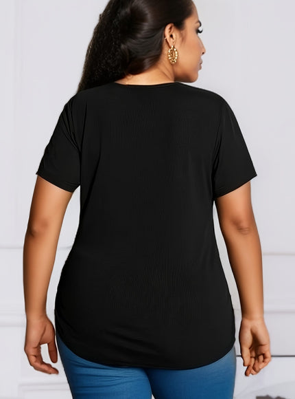 KissICON BESTIE Women's Plus Size Curve-Fit Short Sleeve T-Shirt - Black Round Neck Stretchy Top, Machine Washable All-Season Casual & Dressy Shirt for Casual Attire, Ladies Tshirts, Versatile Fashion, Nontransparent Fabric