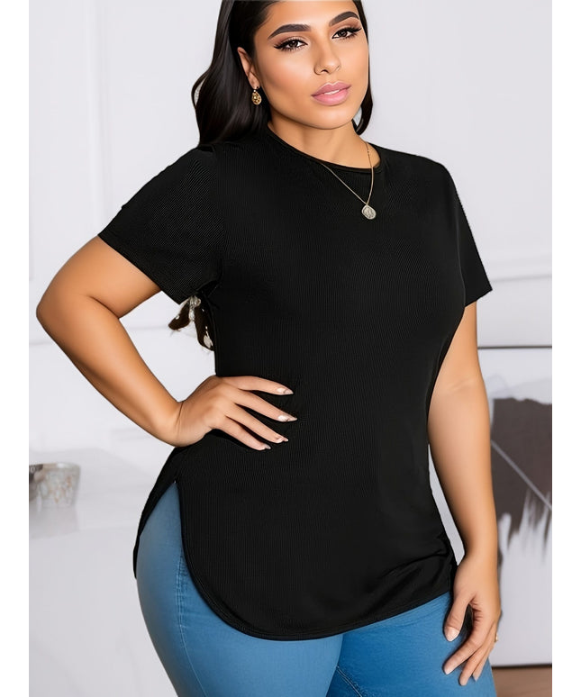 KissICON BESTIE Women's Plus Size Curve-Fit Short Sleeve T-Shirt - Black Round Neck Stretchy Top, Machine Washable All-Season Casual & Dressy Shirt for Casual Attire, Ladies Tshirts, Versatile Fashion, Nontransparent Fabric