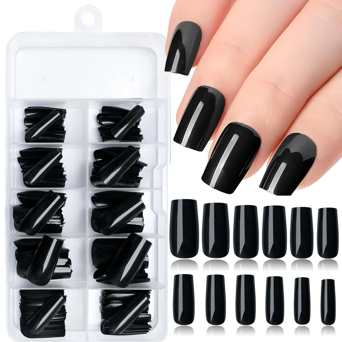 KissICON BFH KissIcon Black Square French Tip Nails Full Coverage
