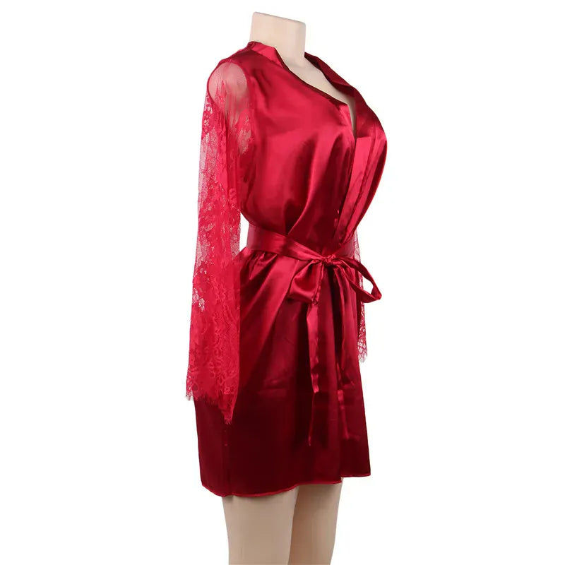 KissICON Big Size Women's Faux Silk Robe Set Transparent V Neck Sleepwear Nightgown Plus Size Sexy Babydoll Lingerie with Panties