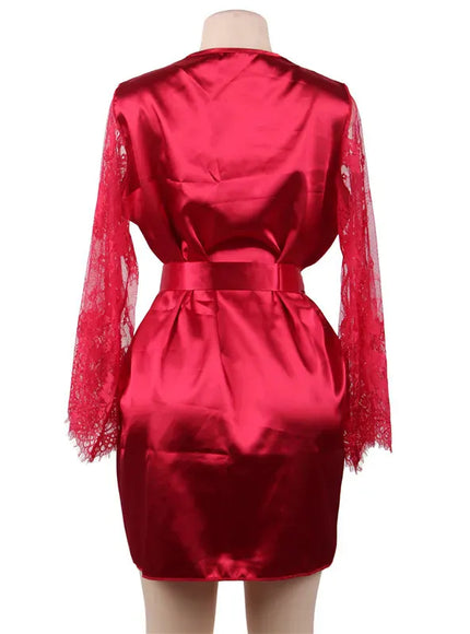KissICON Big Size Women's Faux Silk Robe Set Transparent V Neck Sleepwear Nightgown Plus Size Sexy Babydoll Lingerie with Panties