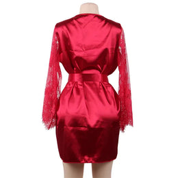 KissICON Big Size Women's Faux Silk Robe Set Transparent V Neck Sleepwear Nightgown Plus Size Sexy Babydoll Lingerie with Panties