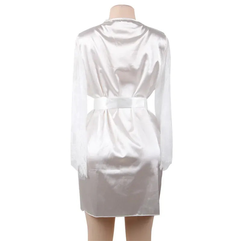 KissICON Big Size Women's Faux Silk Robe Set Transparent V Neck Sleepwear Nightgown Plus Size Sexy Babydoll Lingerie with Panties
