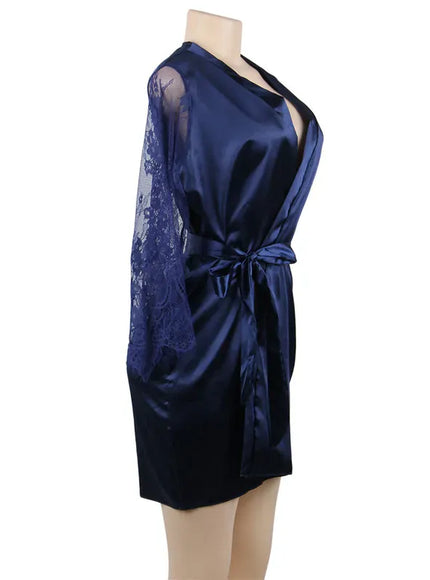 KissICON Big Size Women's Faux Silk Robe Set Transparent V Neck Sleepwear Nightgown Plus Size Sexy Babydoll Lingerie with Panties