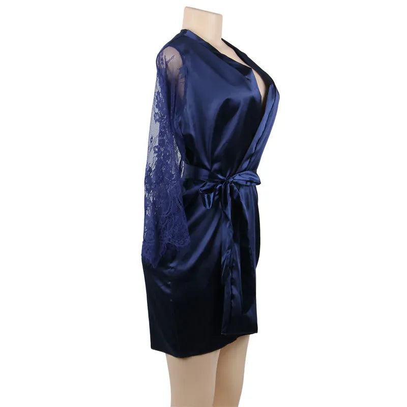 KissICON Big Size Women's Faux Silk Robe Set Transparent V Neck Sleepwear Nightgown Plus Size Sexy Babydoll Lingerie with Panties