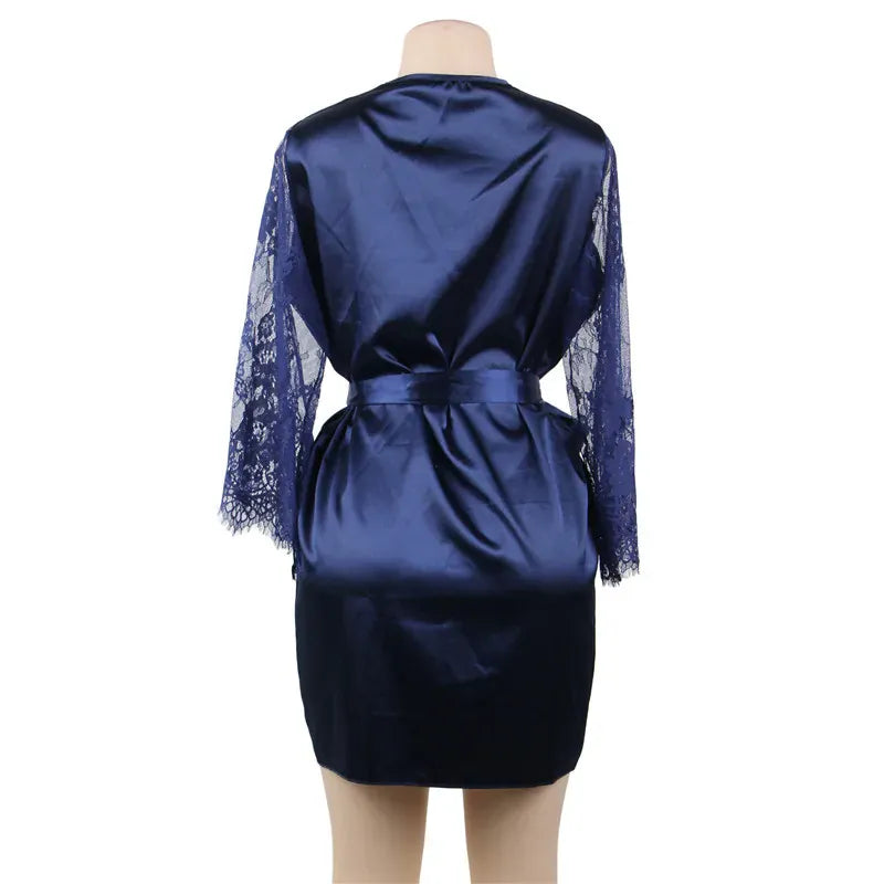 KissICON Big Size Women's Faux Silk Robe Set Transparent V Neck Sleepwear Nightgown Plus Size Sexy Babydoll Lingerie with Panties