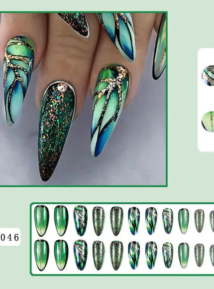 KissICON BKS2046 Realistic 24Pcs Green Almond Nails With Tools- Easy