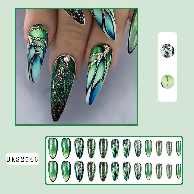 KissICON BKS2046 Realistic 24Pcs Green Almond Nails With Tools- Easy