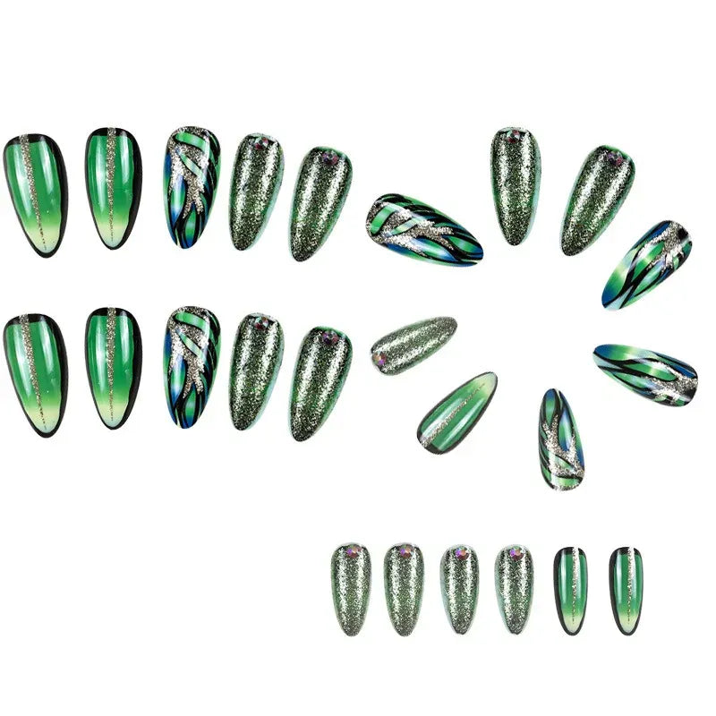 KissICON BKS2046 Realistic 24Pcs Green Almond Nails With Tools- Easy