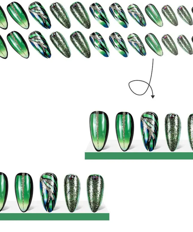 KissICON BKS2046 Realistic 24Pcs Green Almond Nails With Tools- Easy