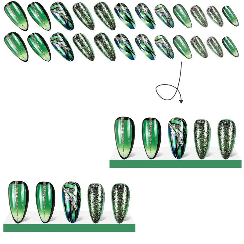KissICON BKS2046 Realistic 24Pcs Green Almond Nails With Tools- Easy