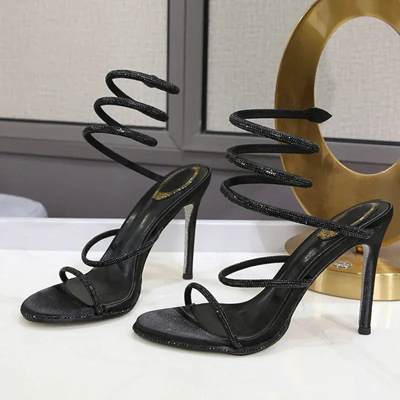 Dropshipman Black-02 / 42 Eilyken Fashion Style Crystal Diamond Ankle Strap Women Sandals Sexy Open Toe Thin High Heels Nightclub Banquet Party Shoes