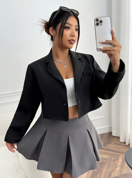 KissICON Black / 0XL Curve Lapel Neck Crop Blazer