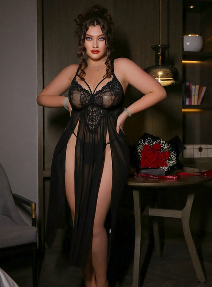 KissICON Black / 0XL Curve Lingerie – Mesh Lace Patchwork