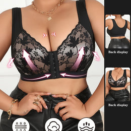 jkthpu-45 Black / 0XL Elegant Black Pink Floral Lace VNeck Plus Size Top