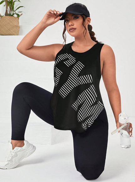 Easithlete Black / 0XL Plus Letter & Striped Print Sports Tank Top