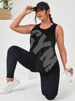 Easithlete Black / 0XL Plus Letter & Striped Print Sports Tank Top
