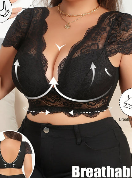 jkthpu-45 Black / 0XL Plus Size Elegant Lace Backless Crop Top  Breathable Fashion