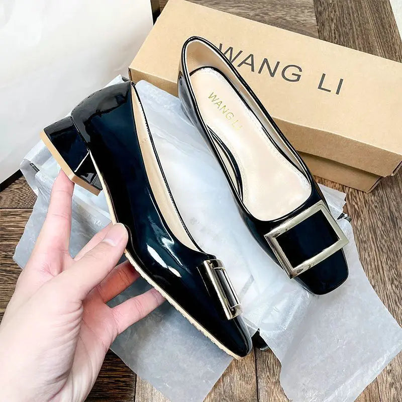 KissICON Black 1 / 34 Flats Women's Shoes Patent Leather Square Buckle Shoes